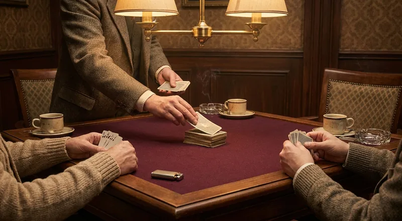 Cards being dealt from a shuffled multi-deck pack to players around a Canasta table in Classic Canasta